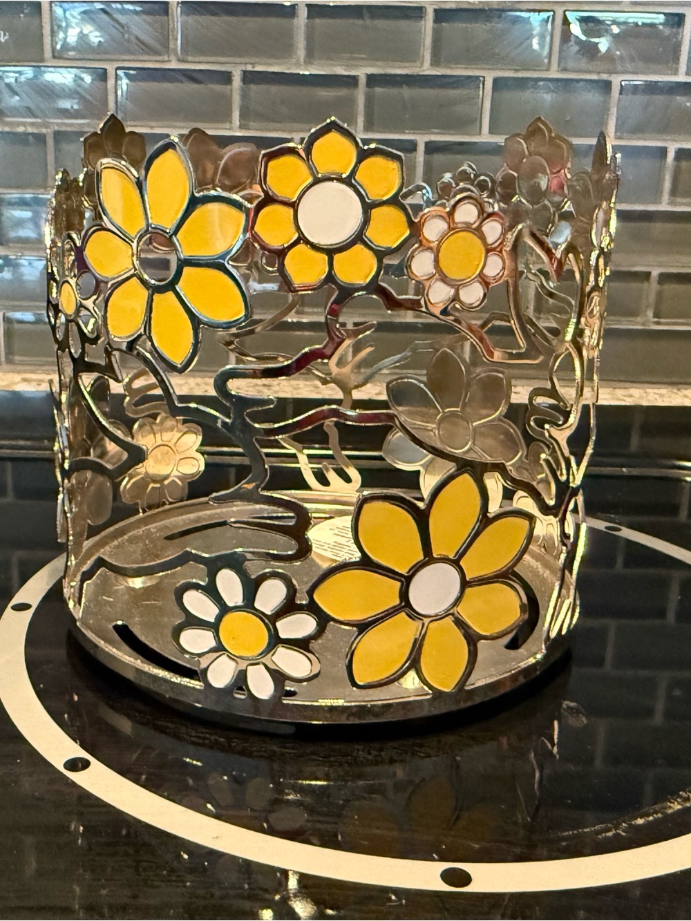 Yellow Floral Metal Candle Holder